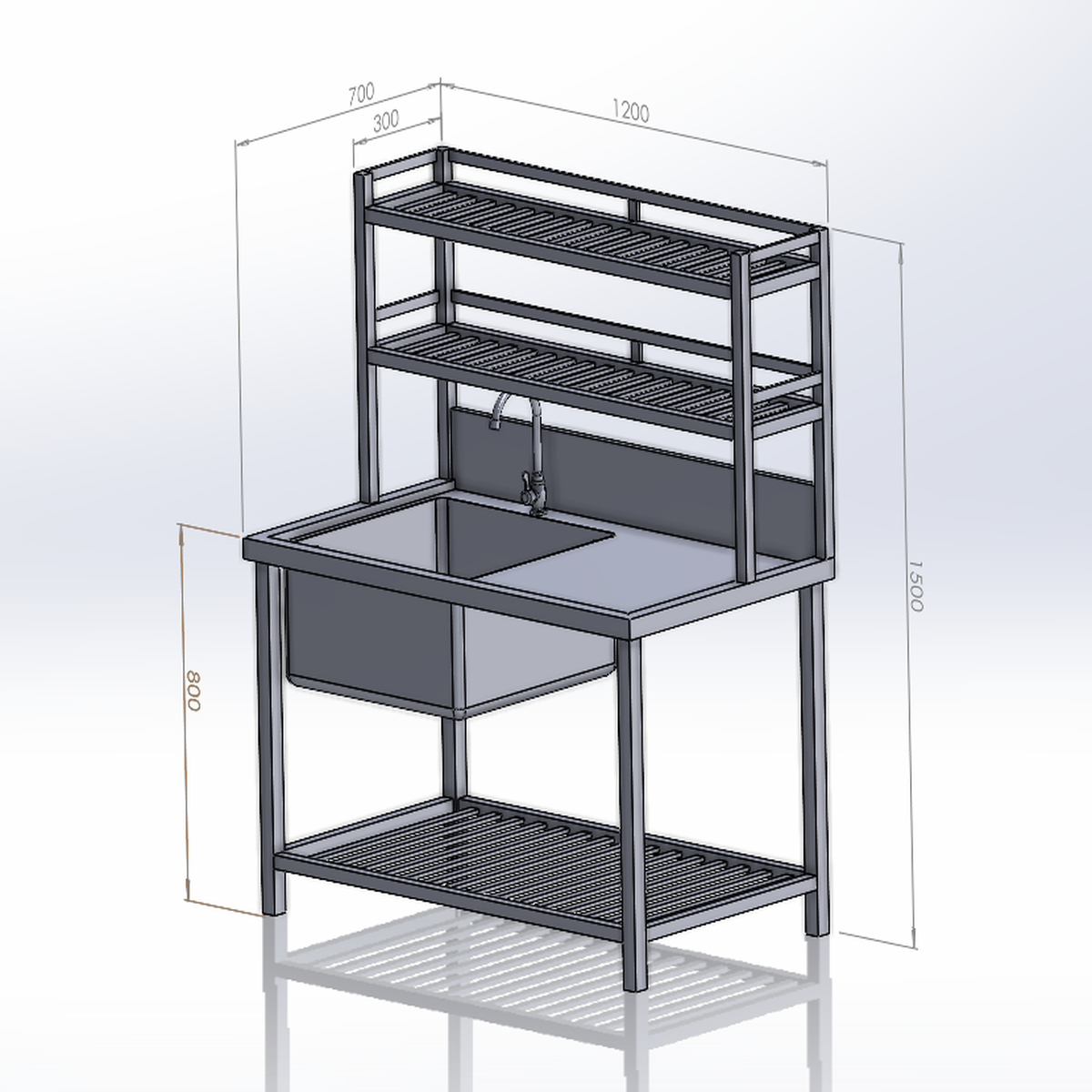 Chậu Rửa Công Nghiệp 1 Hố Có Bàn Chờ Và Kệ (700x1200x1500)