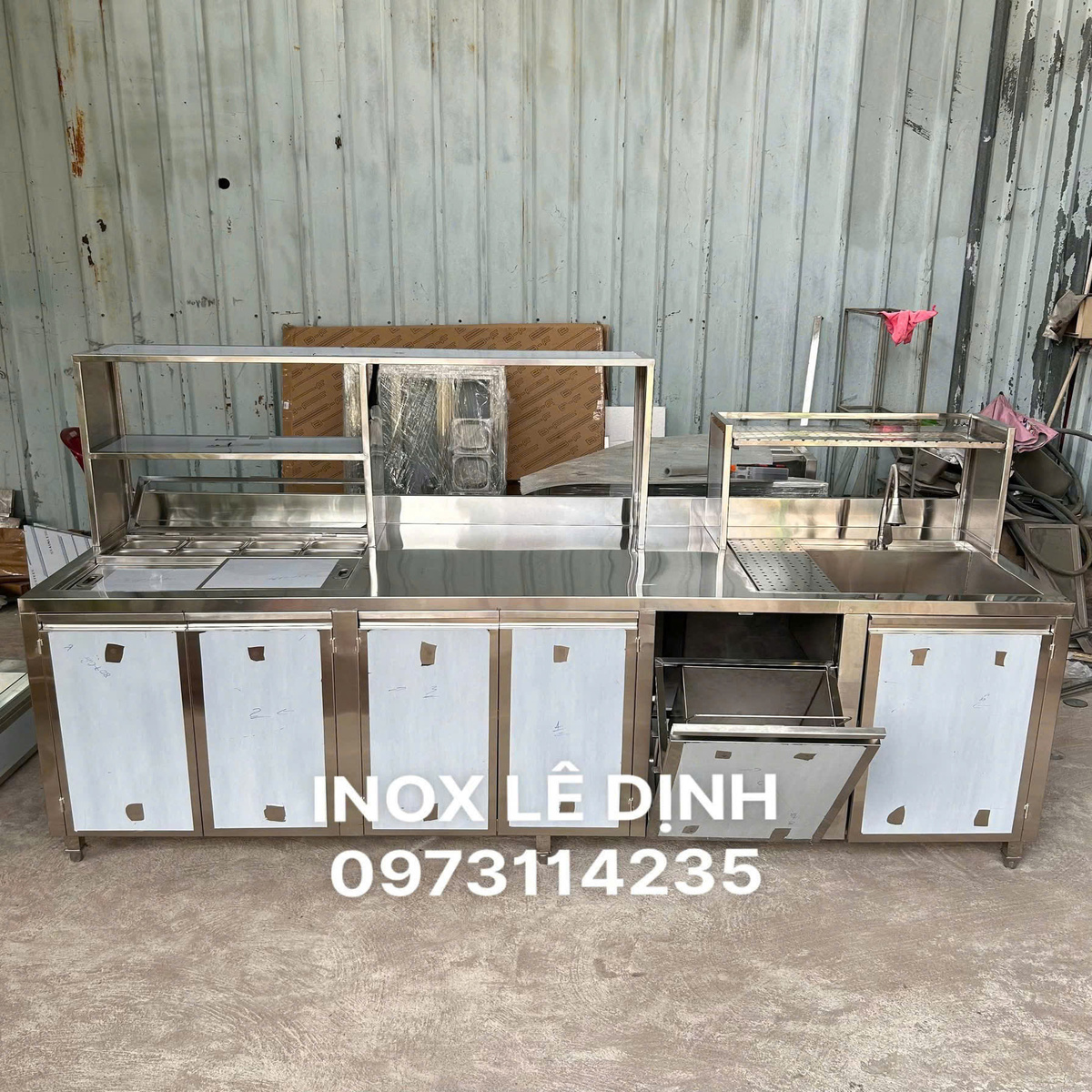 Quầy Pha Chế Trà Sữa Inox Tích Hợp Khay Topping