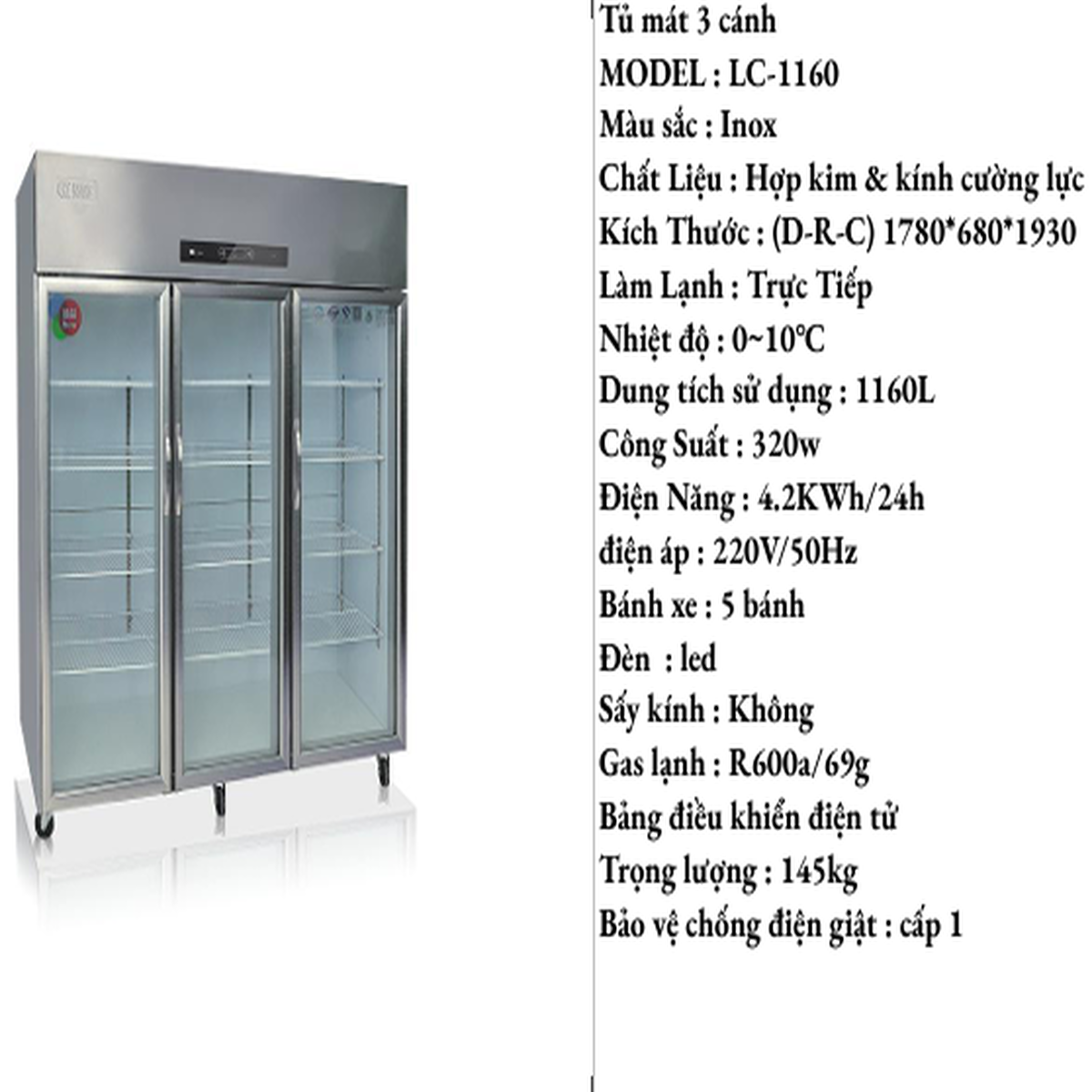 Tủ Mát 3 Cánh Kính Inox LC-1160
