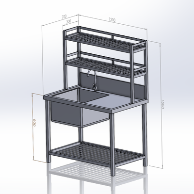 Chậu Rửa Công Nghiệp 1 Hố Có Bàn Chờ Và Kệ (700x1200x1500)