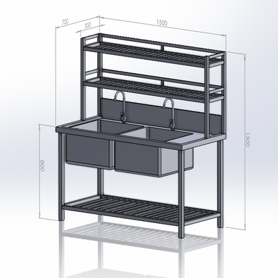 Chậu Rửa Công Nghiệp 2 Hố Có Bàn Chờ Và Kệ (700x1500x1500)
