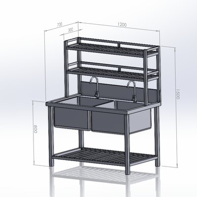 Chậu Rửa Công Nghiệp 2 Hố Có Kệ Trên (700x1200x1500)