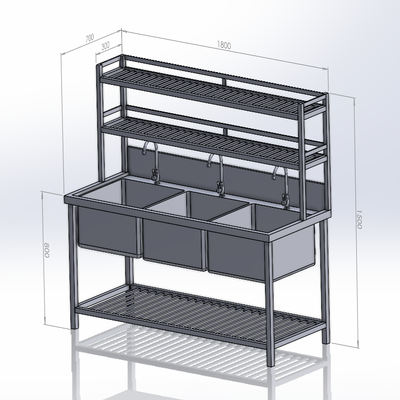Chậu Rửa Công Nghiệp 3 Hố Có Kệ Trên (700x1800x1500)