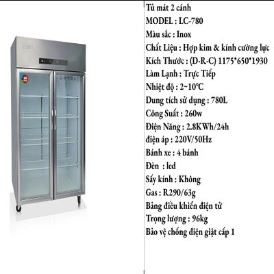 Tủ Mát 2 Cánh Kính Inox LC-780