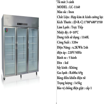 Tủ Mát 3 Cánh Kính Inox LC-1160