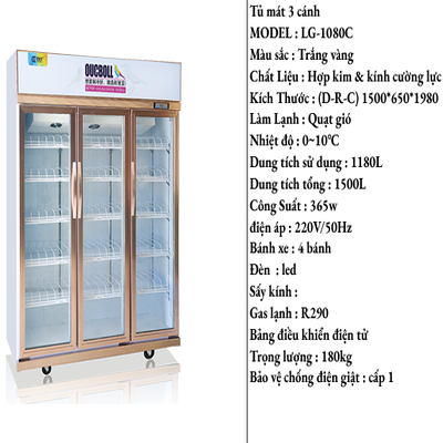 Tủ Mát Đứng Trưng Bày 3 Cánh Kính LG-1080C (Trắng Vàng)