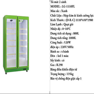 Tủ Mát Đứng Trưng Bày Cánh Kính LG-1110FL